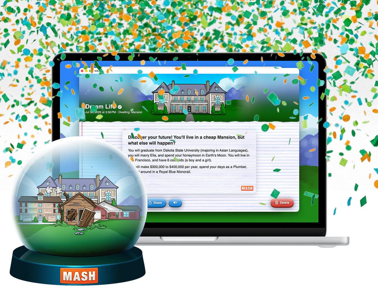 MASH running in a resizable window on a MacBook, showing a finished story next to a snow globe with a mansion, apartment, shack, and house inside