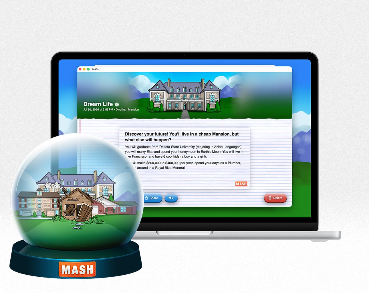 MASH running in a resizable window on a MacBook, showing a finished story next to a snow globe with a mansion, apartment, shack, and house inside
