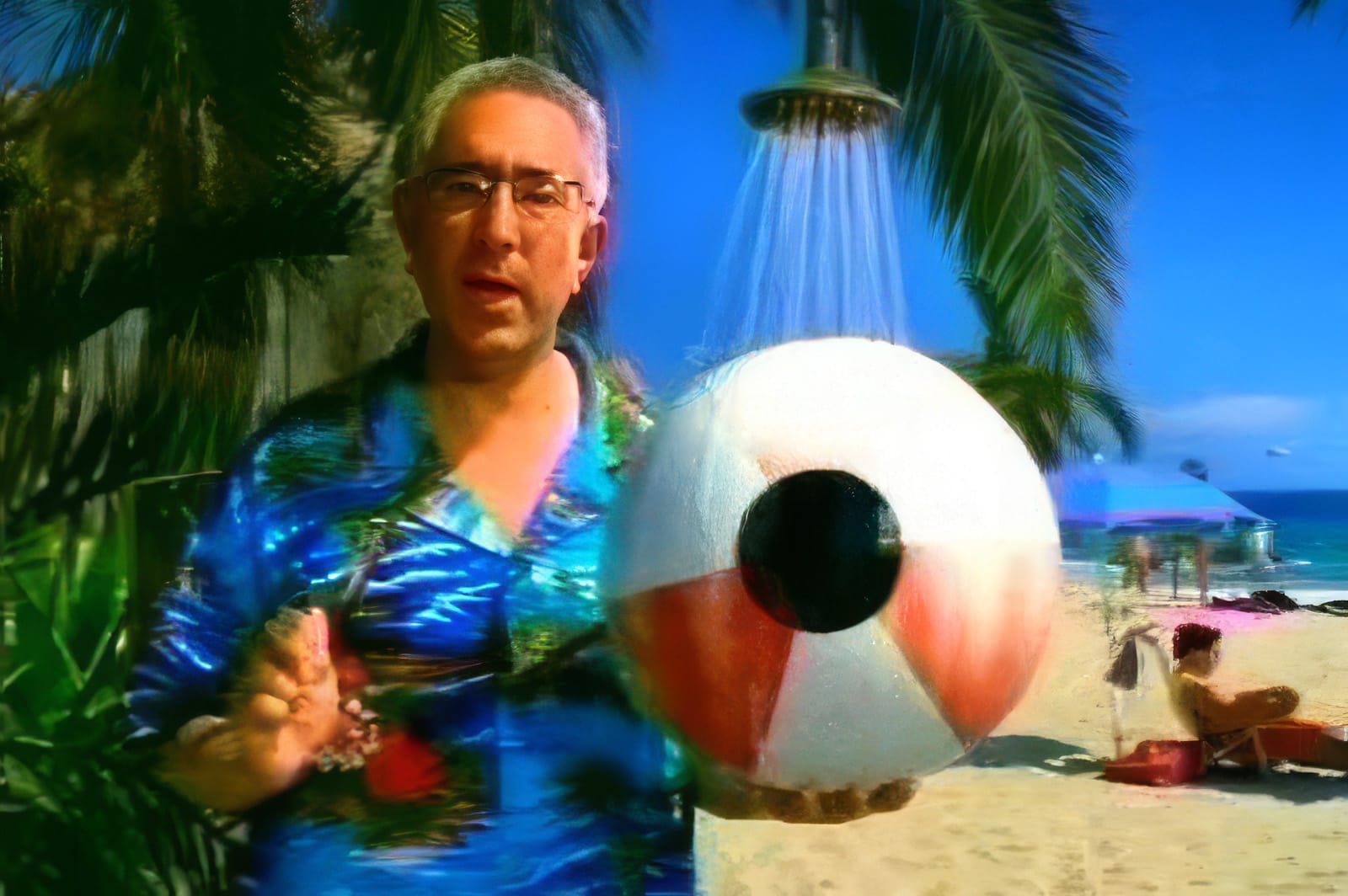 Ben Stein on a beach in the Clear Eyes commercial, holding up a giant eyeball beach ball under a shower head