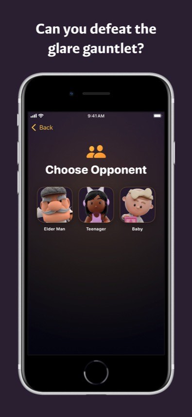 Choose Opponent screen showing three 3D characters: Elder Man, Teenager and Baby