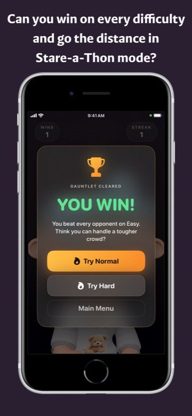 Gauntlet Cleared screen offering Try Normal and Try Hard after beating every opponent on Easy