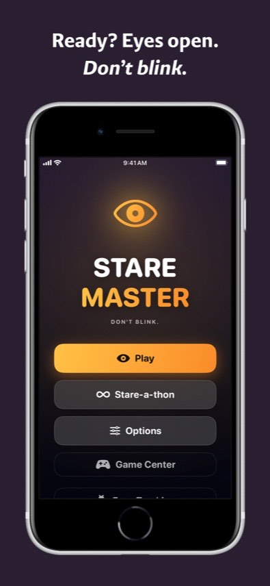 Stare Master main menu with Play, Stare-a-thon, Options and Game Center buttons