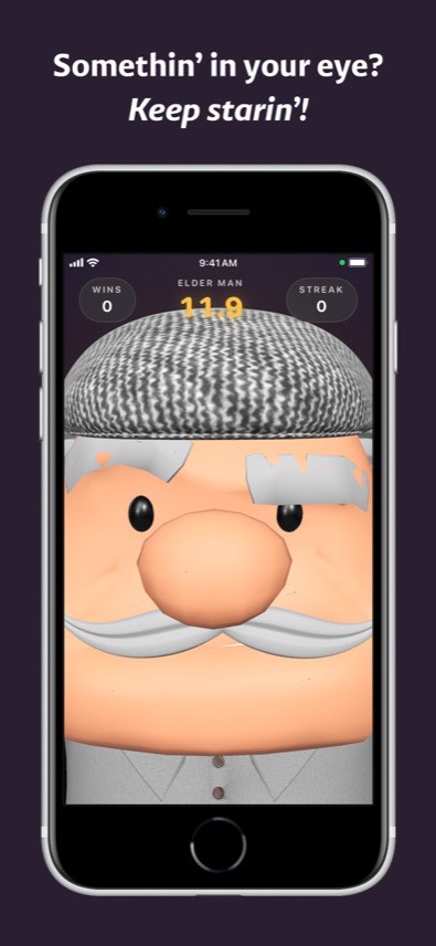 A 3D elder man in a flat cap staring at the camera with a timer reading 11.9 seconds