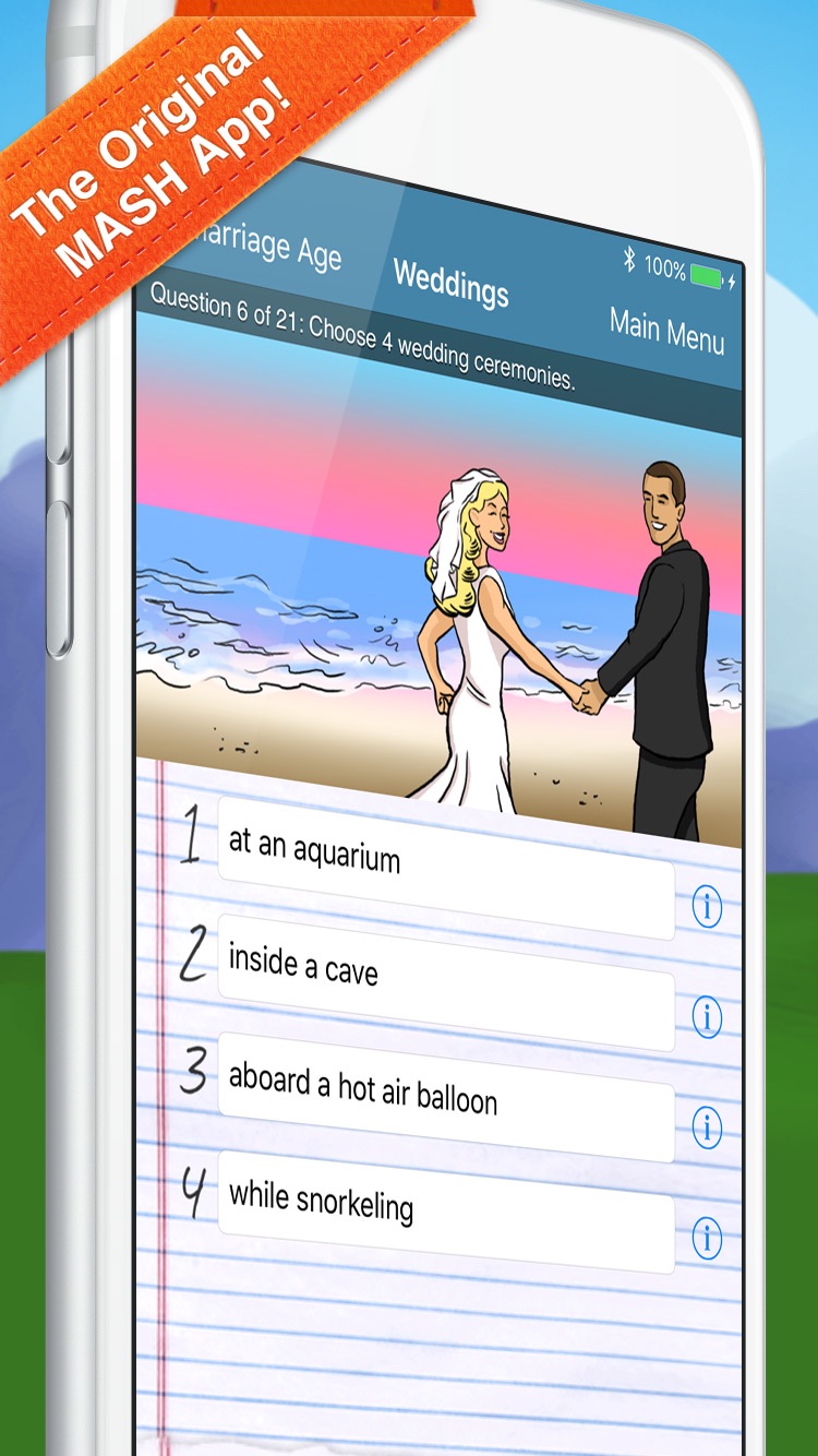 MASH on iPhone: the Weddings category, with four places to get married written on notebook paper