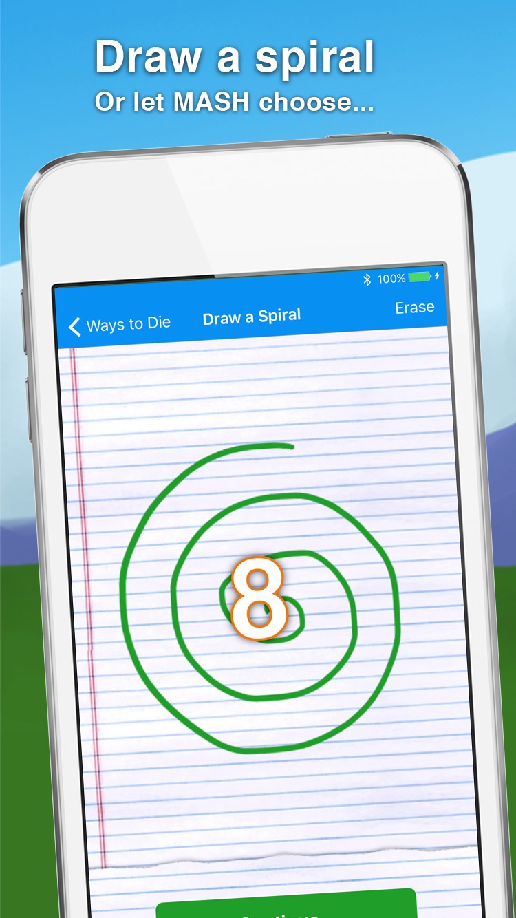 MASH on iPhone: a green spiral drawn on notebook paper, with the magic number 8 in the middle